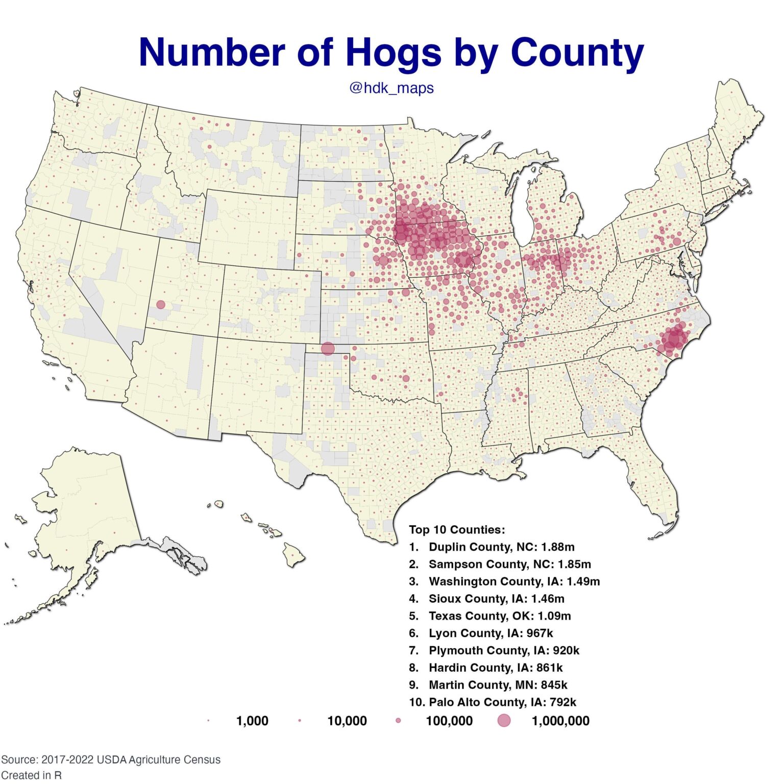 [OC] Number of Hogs by County in the US