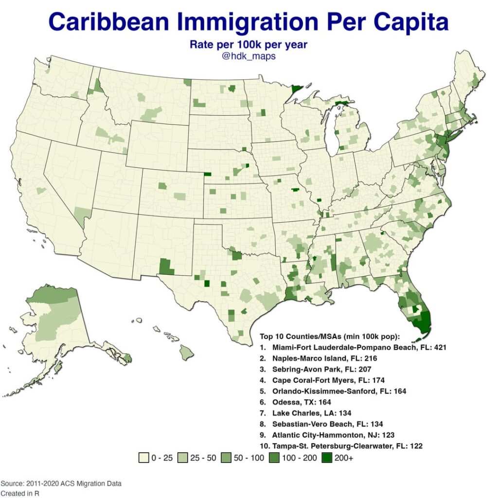 [OC] Caribbean Immigration to the US