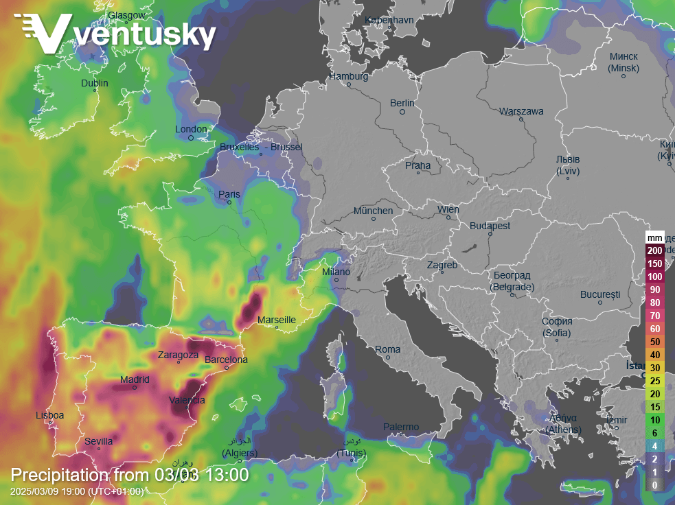 While most of Europe will experience spring, dry, and sunny weather this week, the Iberian Peninsula will face heavy rainfall (Accumulated precipitation map for the next 7 days, Ventusky.com).