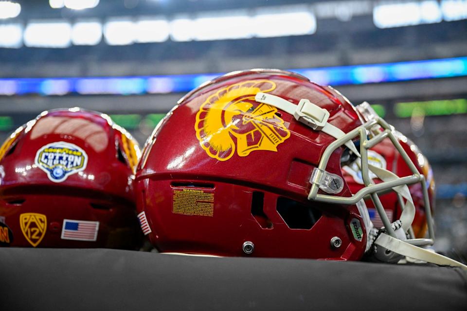 USC helmets before 2023 Cotton Bowl. © Jerome Miron-USA TODAY Sports