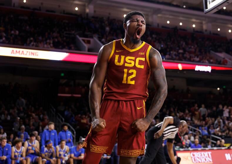 LOS ANGELES, CA- JANUARY 27, 2025: USC Trojans forward Rashaun Agee (12) reacts after being fouled driving to the basket against UCLA in the first half at the Galen Center on January 27, 2025 in Los Angeles, California. (Gina Ferazzi / Los Angeles Times)