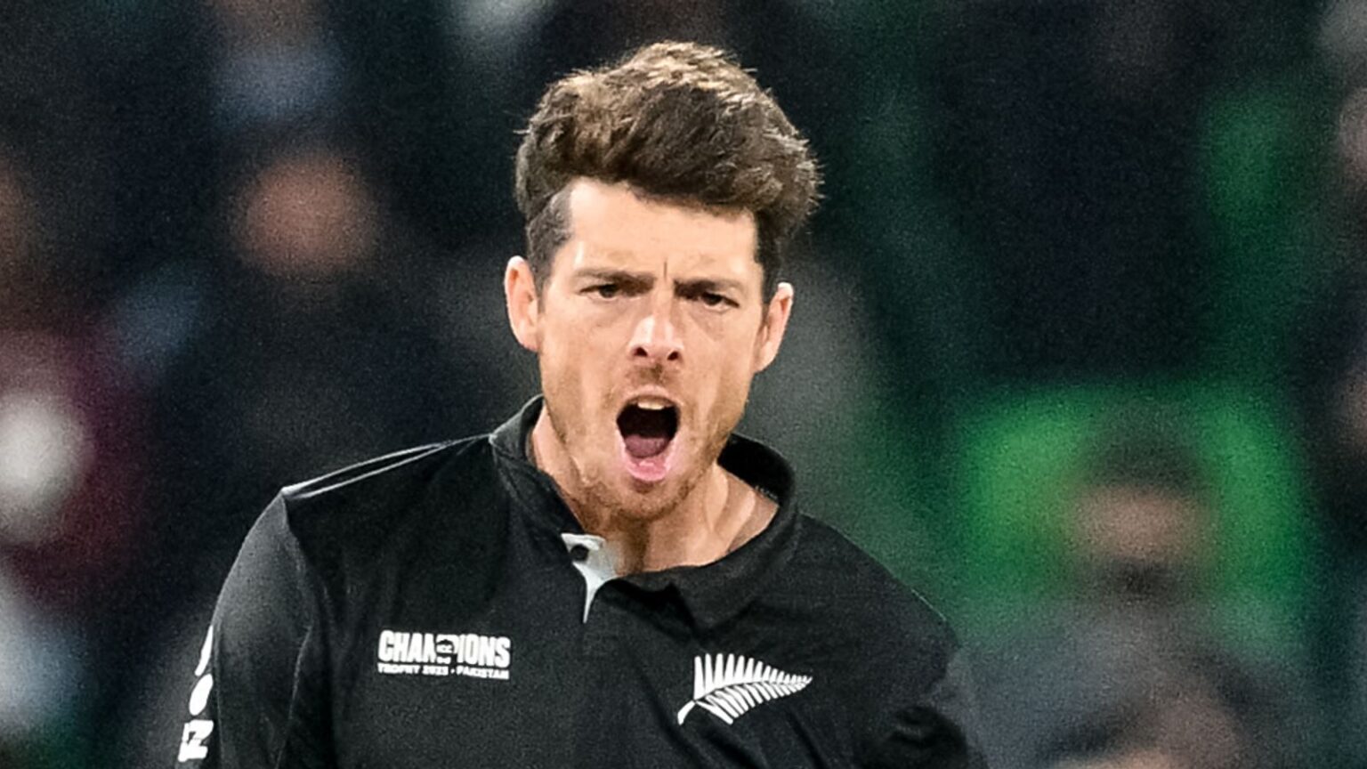 New Zealand's captain Mitchell Santner celebrates after taking the wicket of his South African counterpart Temba Bavuma during the ICC Champions Trophy one-day international (ODI) semi-final cricket match between New Zealand and South Africa at the Gaddafi Stadium in Lahore on March 5, 2025. (Photo by Asif HASSAN / AFP)