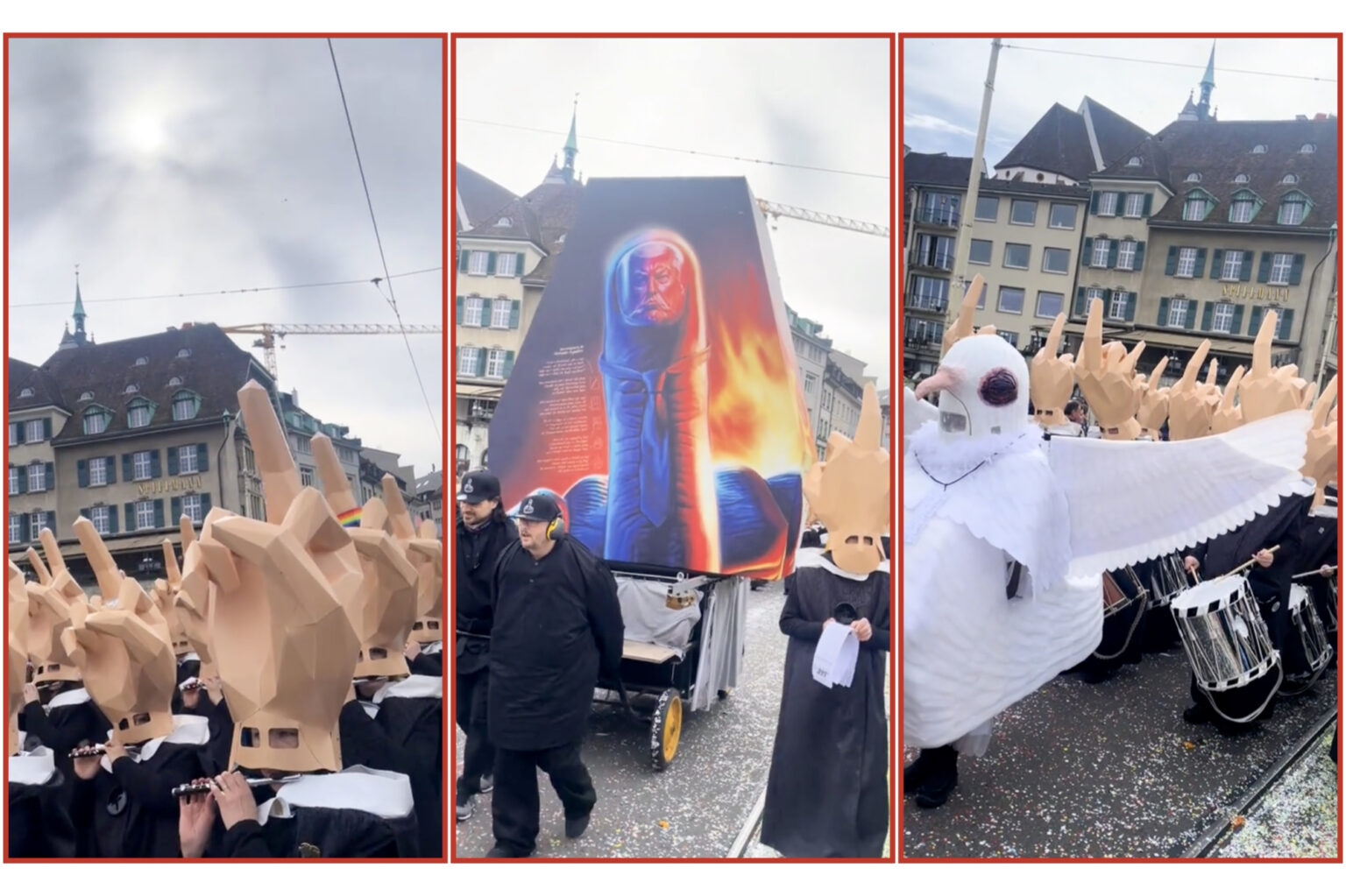 Switzerland’s Anti-Trump Protestors Wear Giant Middle Fingers on Their Heads During March "Switzerland’s Anti-Trump Protestors Wear Giant Middle Fingers on Their Heads