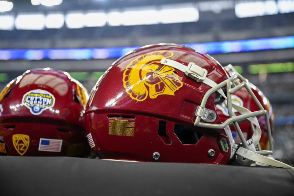 USC helmets before 2023 Cotton Bowl. © Jerome Miron-USA TODAY Sports