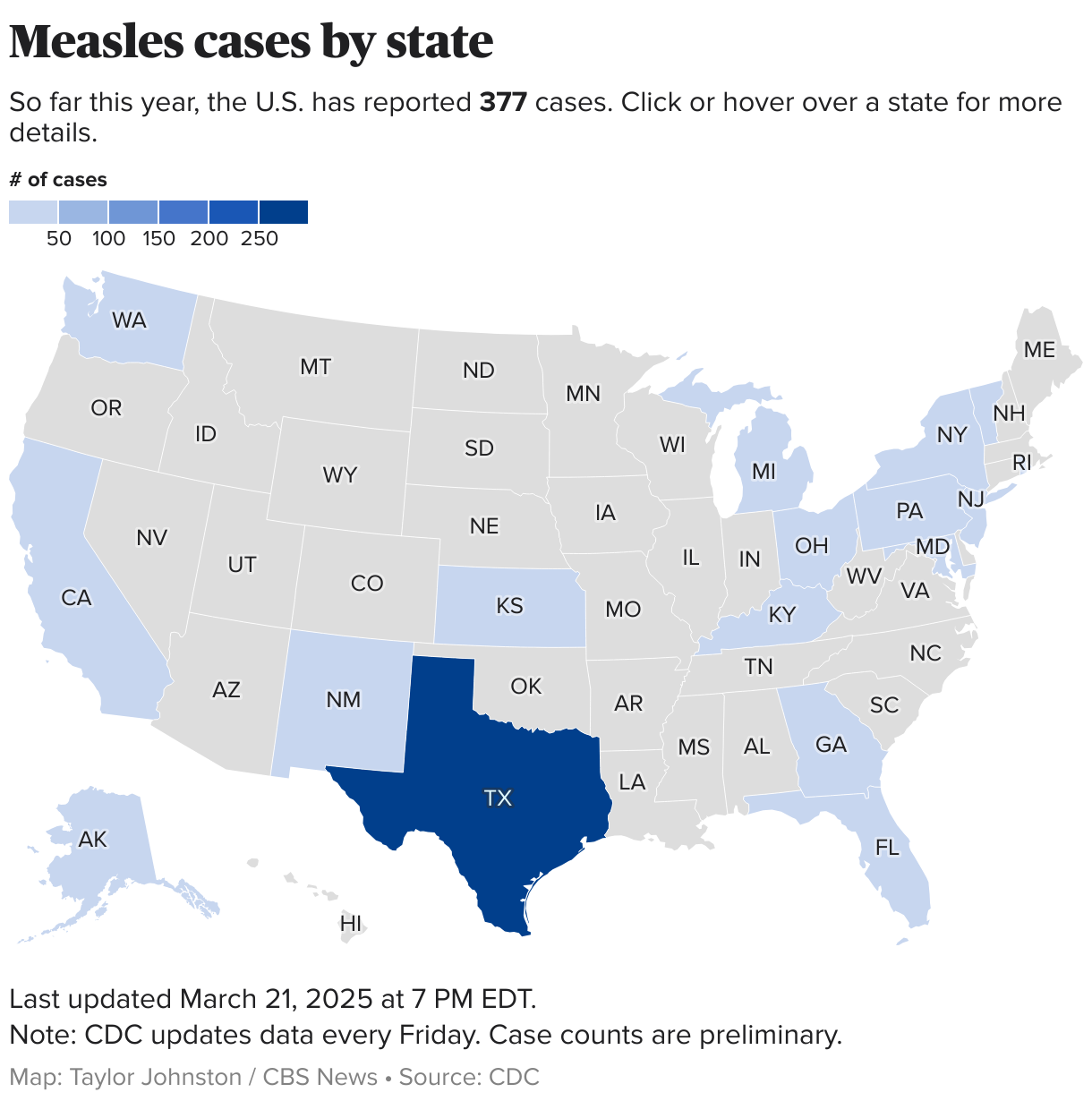 U.S. map showing number of reported cases of measles in 2025.