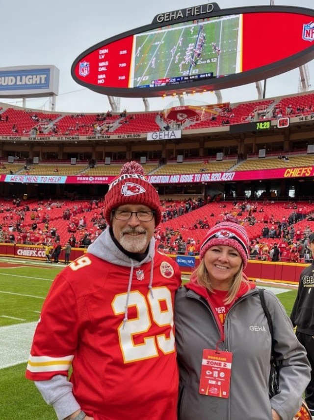 Jonathan Harrington and wife Christine root for Kansas City Chiefs at Arrowhead Stadium.