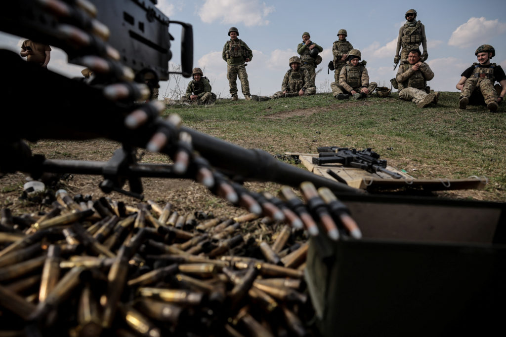 Ukrainian servicemen attend a training in undisclosed location in the east of Ukraine