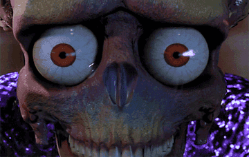 Animated close-up of a skeletal face with exaggerated eyes, wearing a sequined garment, expressing a surprising or comical reaction