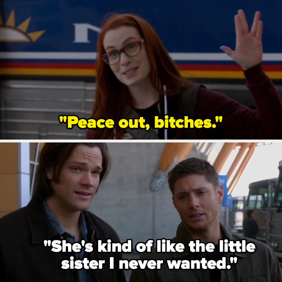 Charlie does the Vulcan salute, saying, "Peace out, bitches." Dean says, "She's kind of like the little sister I never wanted"