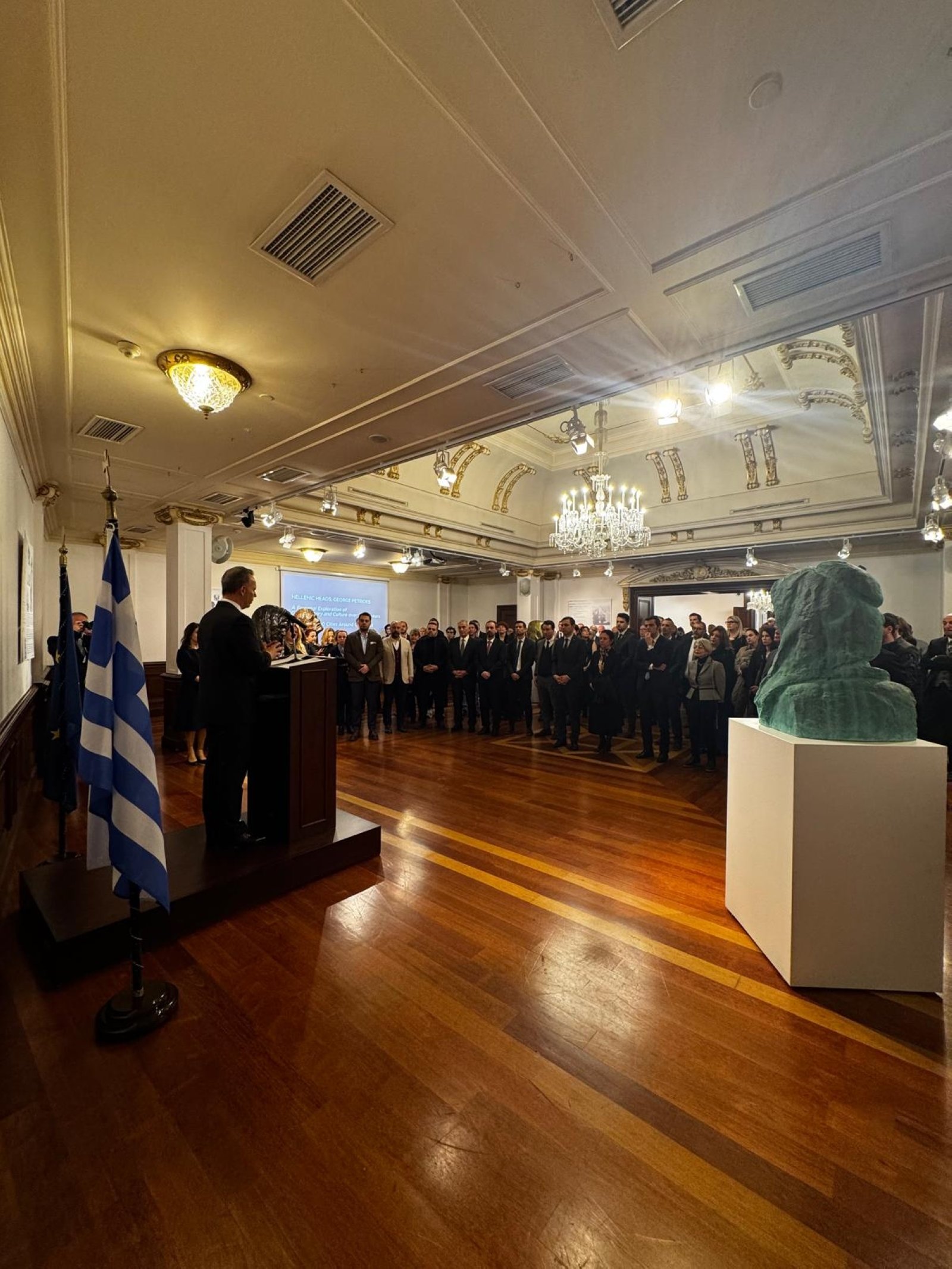 Consul General of Greece to Istanbul Konstantinos Koutras delivers a speech during the opening of the exhibition