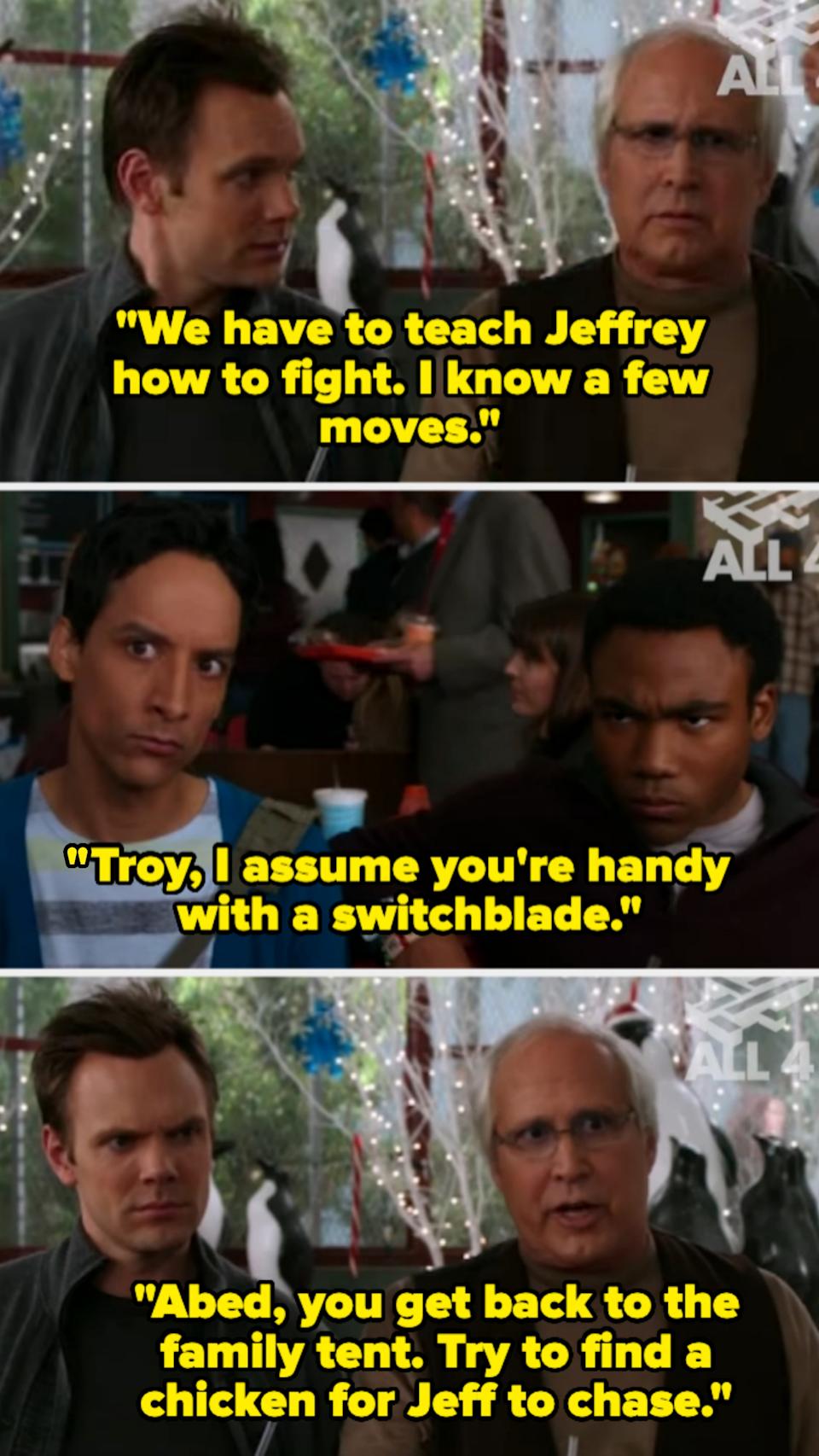 Pierce makes racist comments about how Troy must know how to use a switchblade and Abed has a family tent with chickens