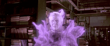 Ghostly figure with spectral aura hovers in a library, surrounded by flying books, creating a supernatural scene