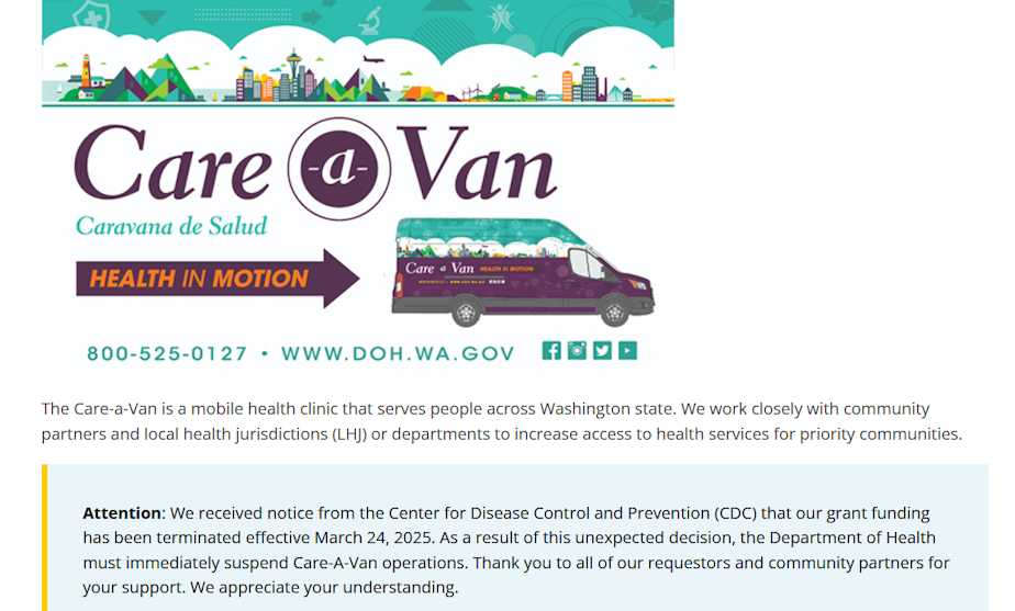 caption: A screenshot of the Washington state Department of Health's "Care-a-Van" webpage, which used to list future Care-A-Van events. All were abruptly canceled.