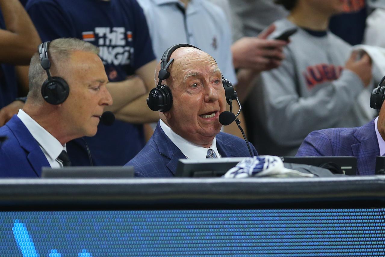 AUBURN, ALABAMA - MARCH 8: ESPN college basketball analyst Dick Vitale on air during a game between the Alabama Crimson Tide and Auburn Tigers at Neville Arena on March 8, 2025 in Auburn, Alabama. (Photo by Stew Milne/Getty Images)