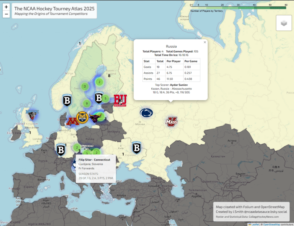 [OC] Hometown Locations of Players in 2025 NCAA Hockey Tournament - Interactive Map