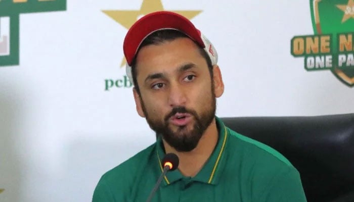 Pakistans Salman Ali Agha speaks during a press conference at the Gaddafi Stadium in Lahore on March 4, 2025. — PCB