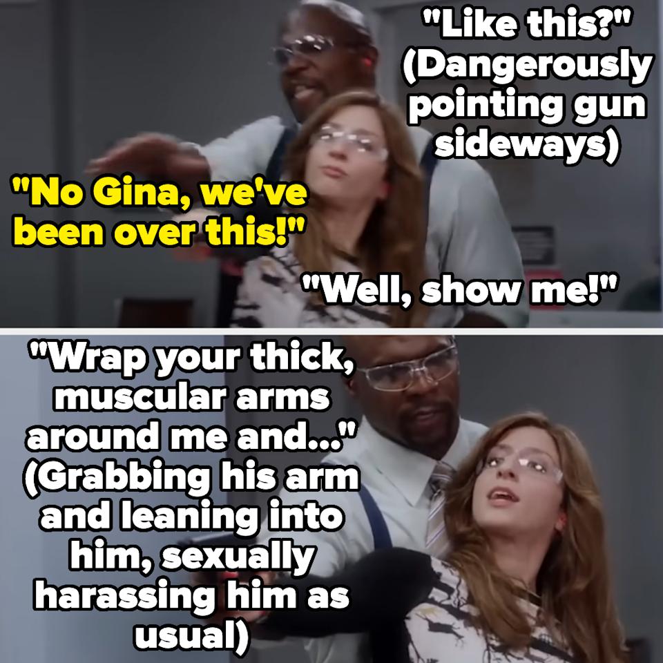 Gina sexually harassing Terry as he teaches her to shoot