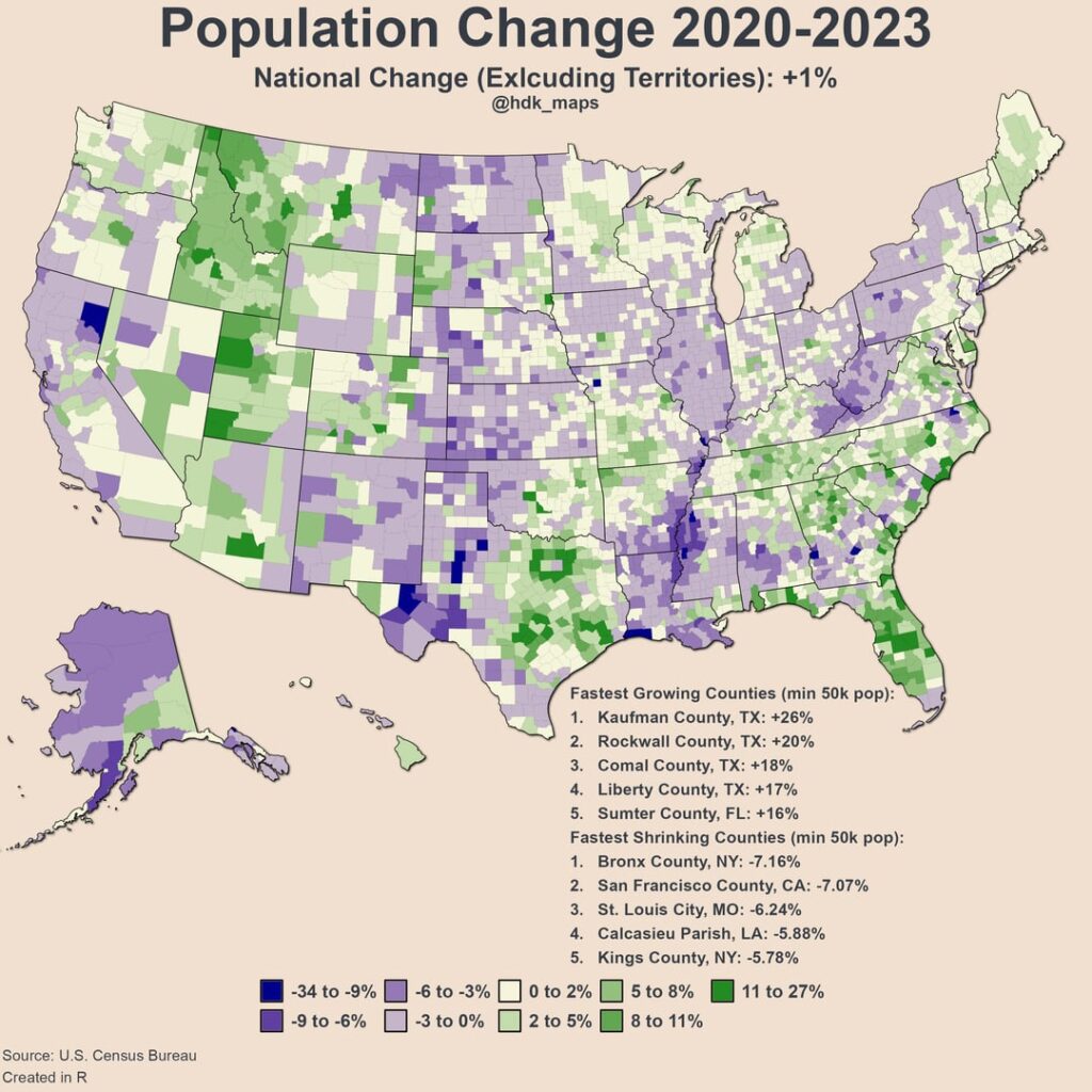 [OC] Population Change from 2020 to 2023 by US County