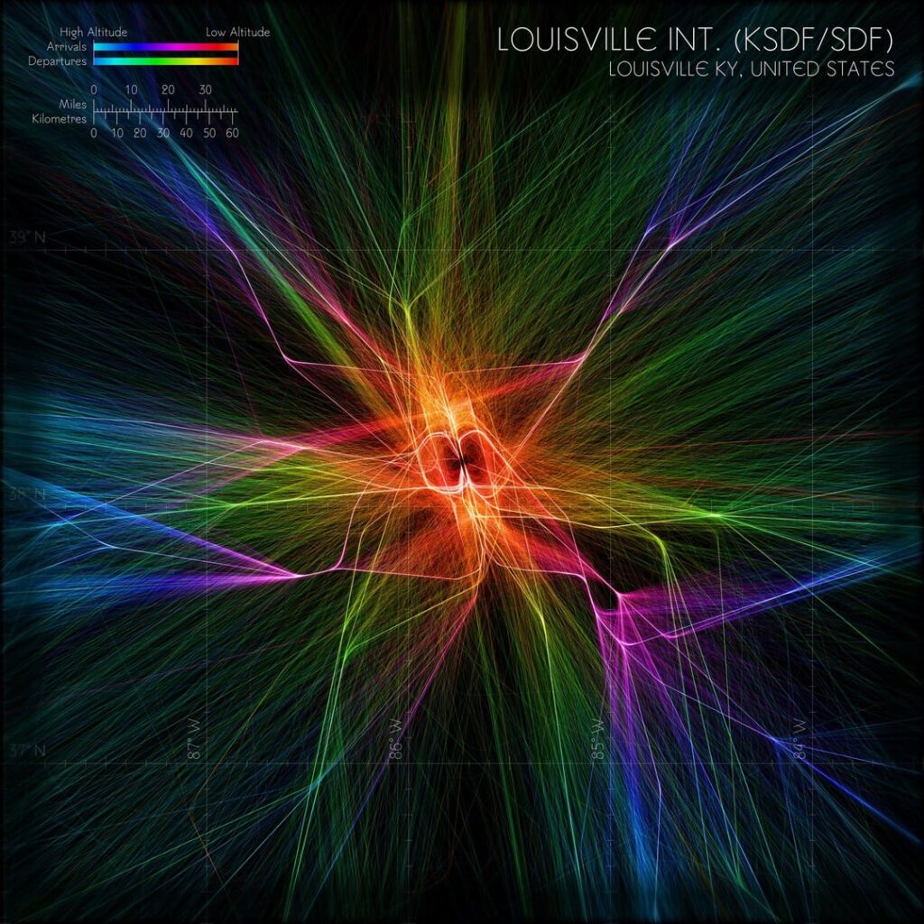 I rendered arrival and departure traffic from Louisville International Airport [OC]