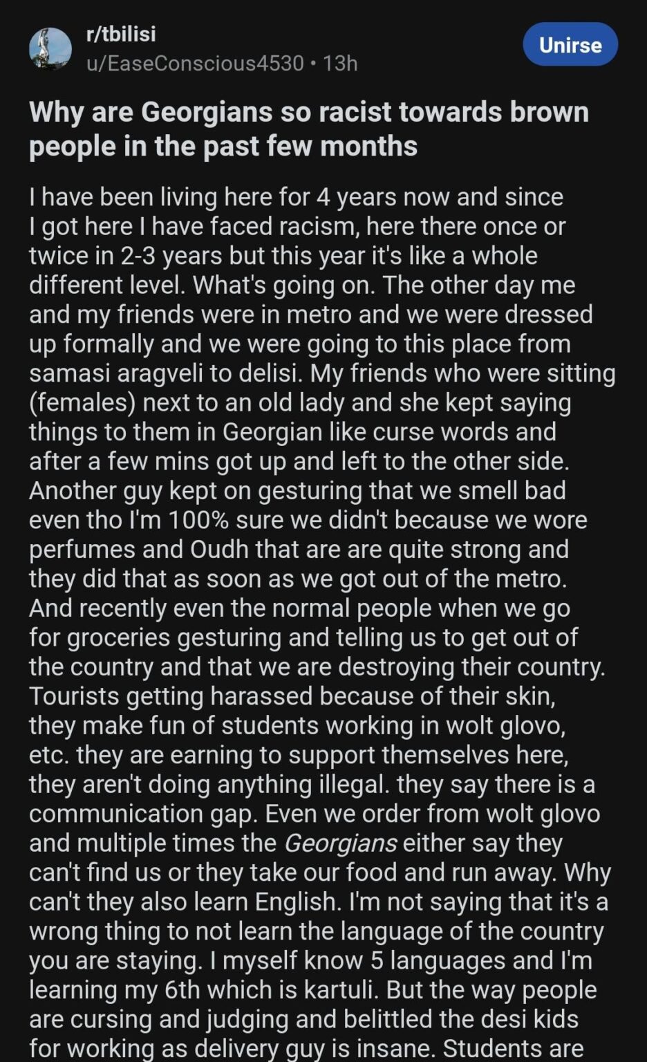 Just saw this post about how Georgians are more racist towards brown people nowadays? What is your opinion? Because personally I think Europeans are quite racist towards Georgians too