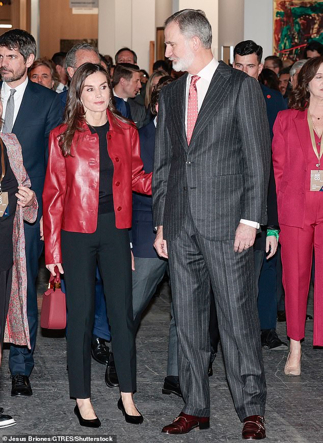 The 52-year-old royal put on an edgy display in a leather jacket while joining King Felipe at the ARCO Contemporary Art Fair in the Spanish capital