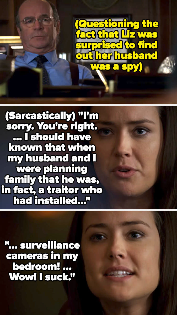 Elizabeth being sarcastic about not knowing her husband was a spy