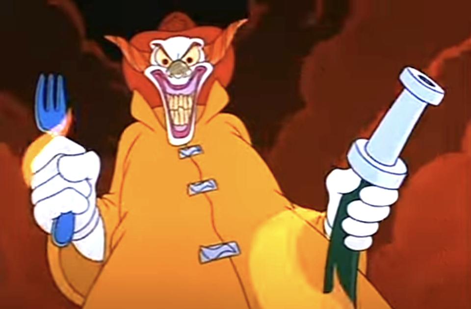 Animated character with a sinister grin, wearing a yellow cloak, holding a large fork and a plunger-like object, set against a dark background