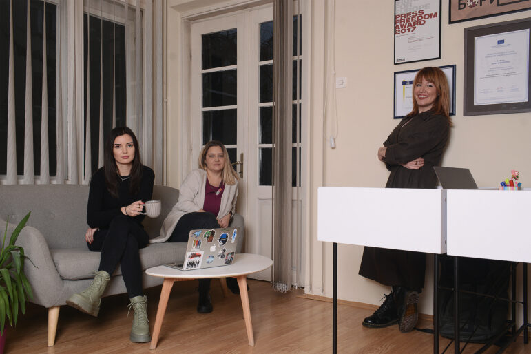 ‘Dogged and Systematic:’ How the Investigative Reporting Lab Covers Corruption and Governance in North Macedonia The all-female senior leadership of North Macedonia's Investigative Reporting Lab (left to right): assistant managing editor for organization and communications, Denica Chadikovska; assistant editor for development and operations. Elena Mitrevska Cuckovska, and founder and current editor-in-chief Sashka Cvetkovska. Image: Courtesy of IRL