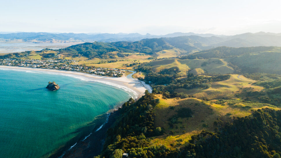 Overhead view of New Chums beach on a nice sunny day in Coromandel Peninsula, North Island of New Zealand.