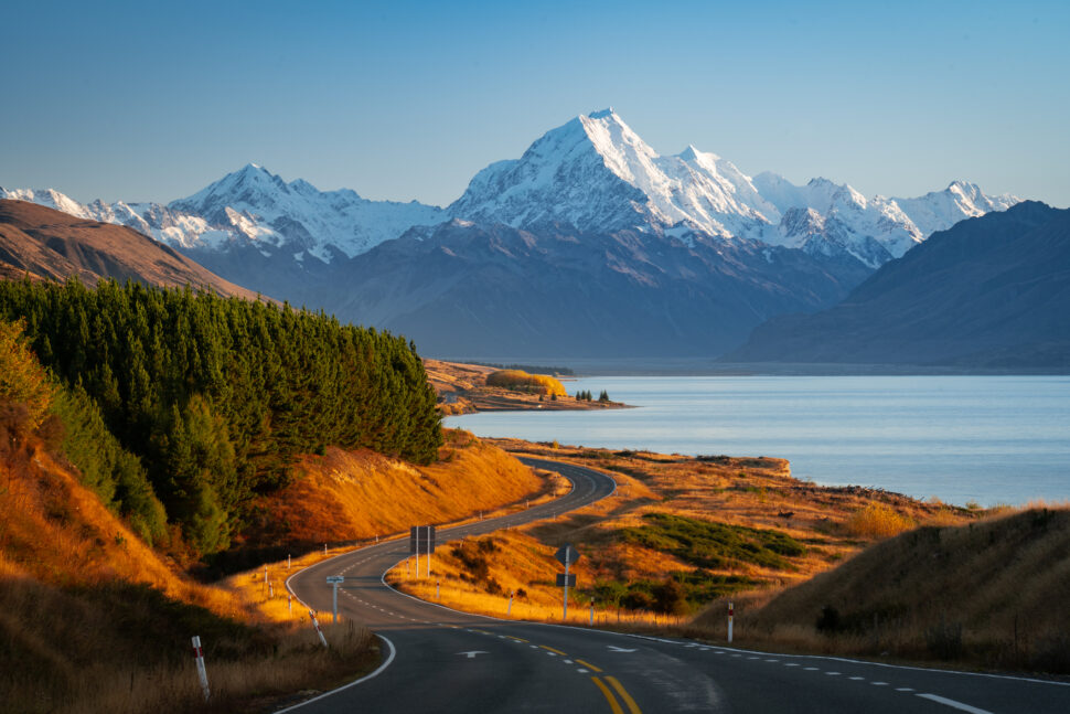 Scenic view of snowcapped mountains against clear blue sky, Canterbury, New Zealand.