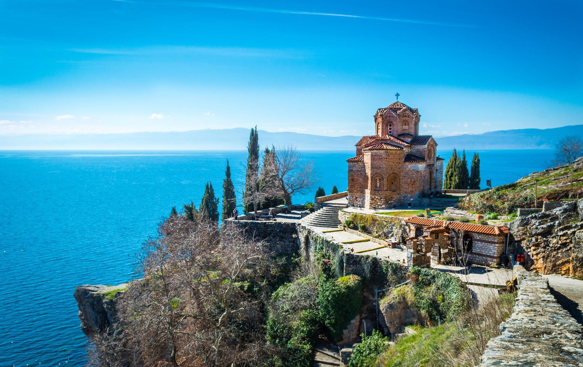 The Church of St. John at Kaneo, over a cliff in the heart of Lake Ohrid in North Macedonia. Photo: Getty