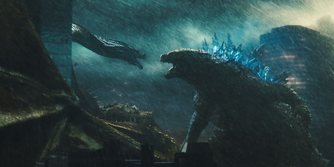 Godzilla fights Ghidorah in the rain in Godzilla: King of the Monsters.