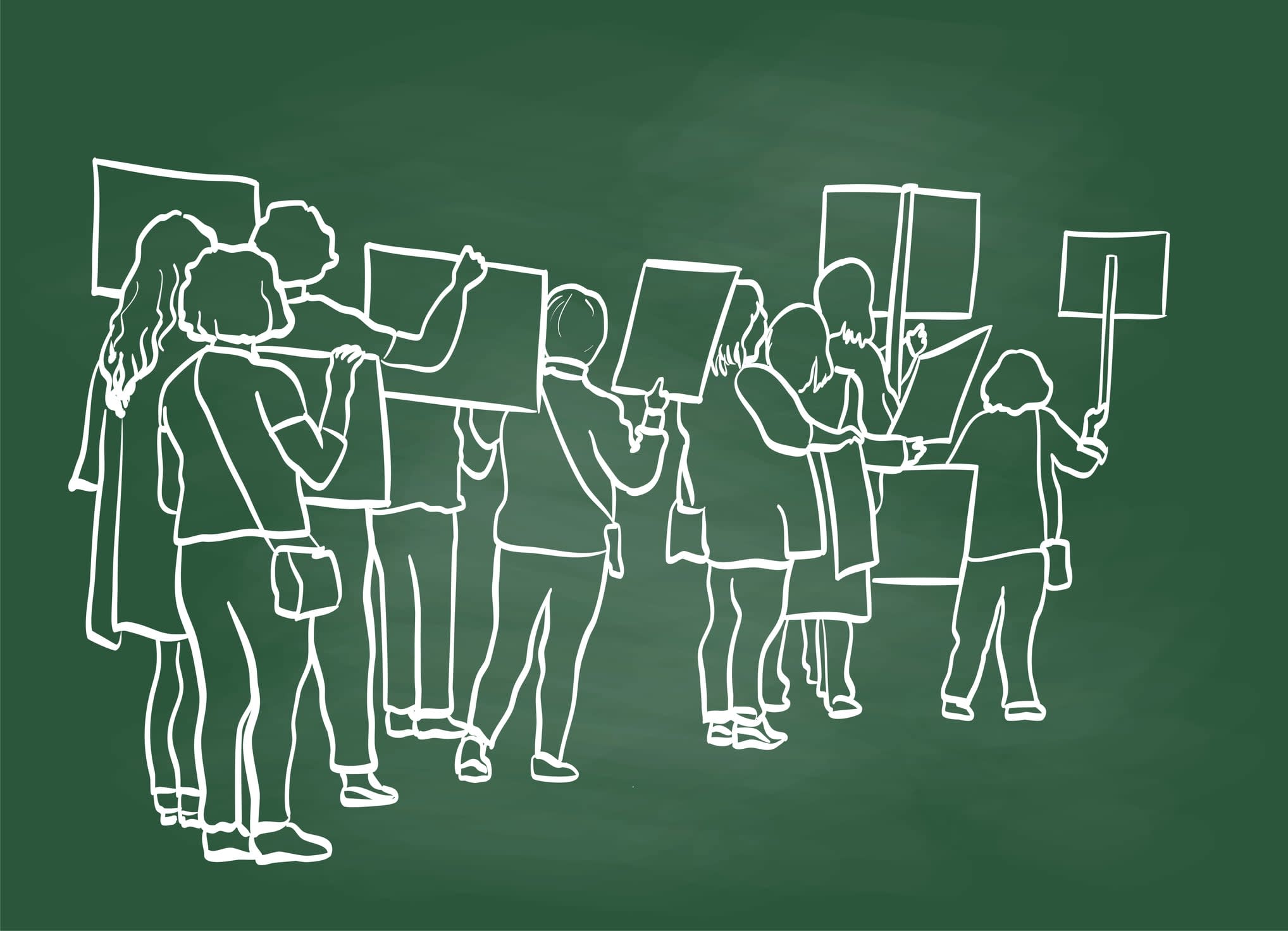 Line illustration of women protesting with signs