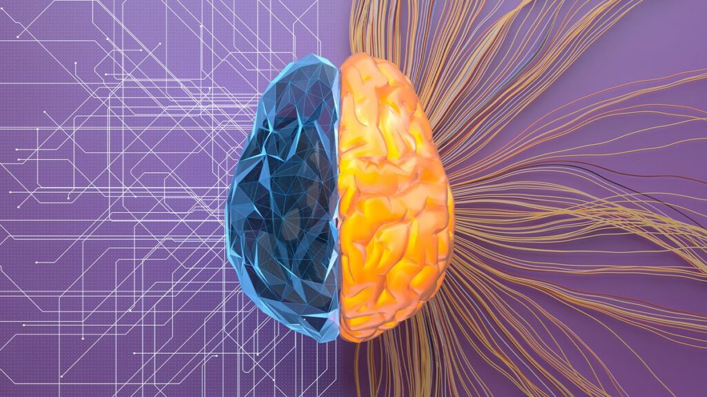 Agentic AI concept image showing human brain split in two halves, with one side digitized on a grid pattern and the other illuminated in yellow with brainwaves emitting.