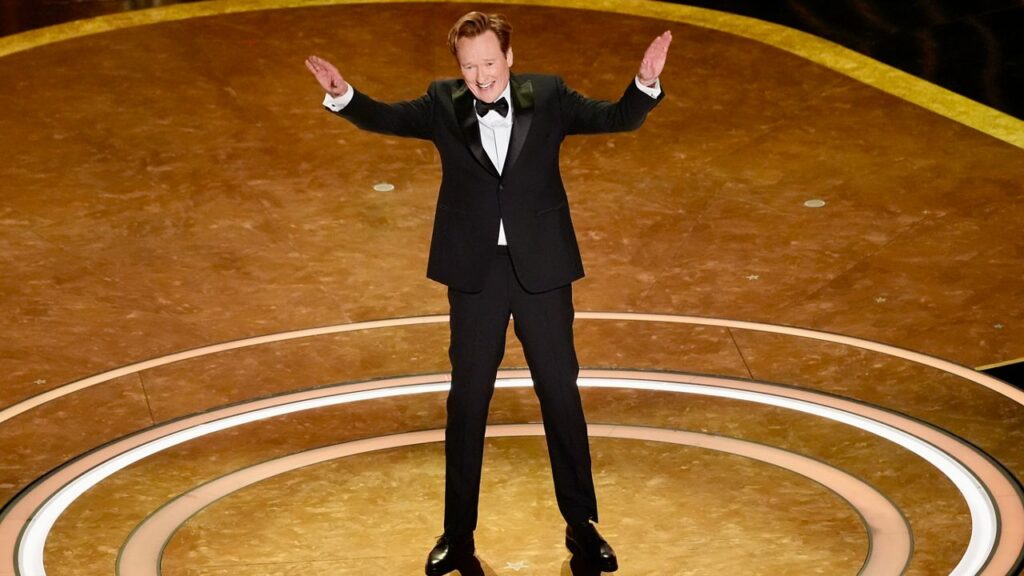 Host Conan O'Brien speaks during the Oscars on Sunday, March 2, 2025, at the Dolby Theatre in Los Angeles. (AP Photo/Chris Pizzello)