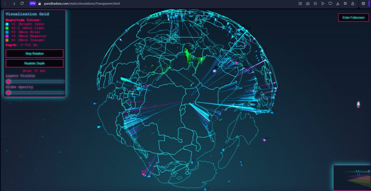 [OC] 3D Earthquake Globe Visualization with Zoom in/out view, Realistic Earthquake Depths and scaled, magnitude color and figure in the markers, 3D Globe opacity slider, Inner Earth Layers, mini screen with 3D earth layers