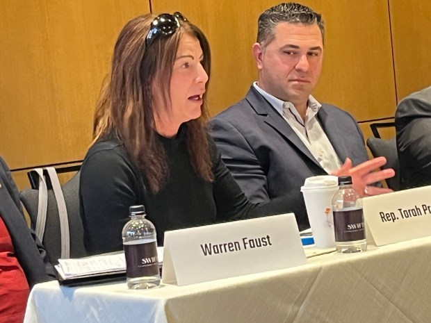 State Rep. Tarah Probst, D-189, Stroudsburg, provides remarks during an environmental roundtable Sunday afternoon at The Swiftwater in Monroe County. (ROBERT TOMKAVAGE/STAFF PHOTO)
