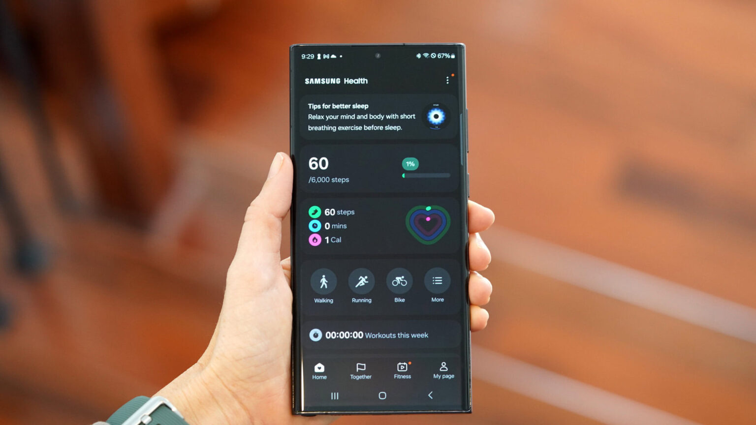 A Samsung Galaxy S22 Ultra displays the Samsung Health app.