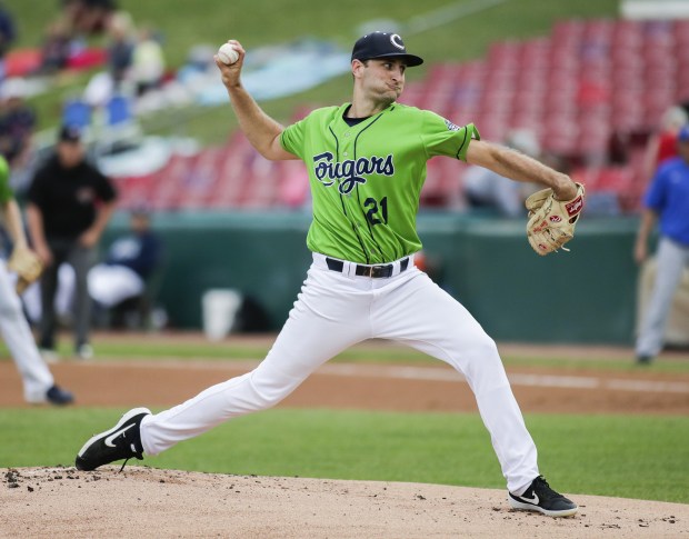 Kane County Cougars pitcher Tyler Viza delivers against the Houston Apollos during a game at Northwestern Medicine Field in Geneva on Thursday, July 8, 2021.