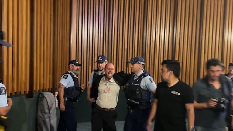 A person being removed from the James Hay Theatre while Winston Peters was speaking.