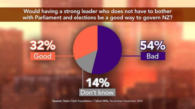 A third of respondents said having a strong leader who does not have to bother with Parliament and elections would be a good way to govern New Zealand.