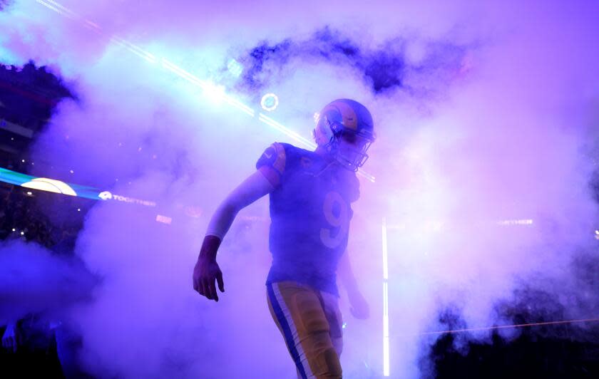 Glendale, Arizona January 13, 2025-Rams quarterback Matthew Stafford is introduced before game with the Vikings in an NFC playoff game at State Farm Stadium in Glendale, Arizona. (Wally Skalij/Los Angeles Times)