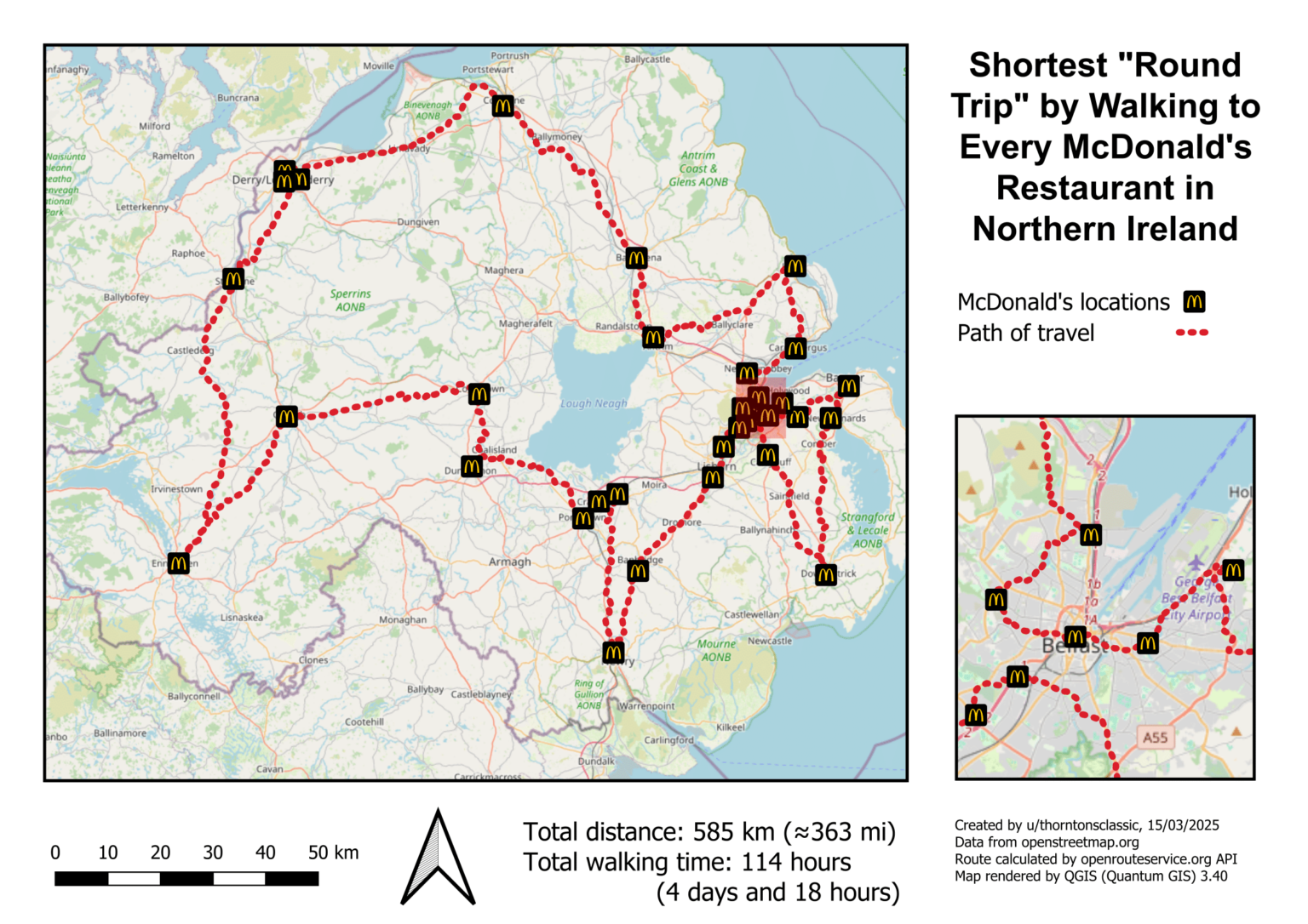 Shortest "round trip" by walking to every McDonald's location in Northern Ireland [OC]