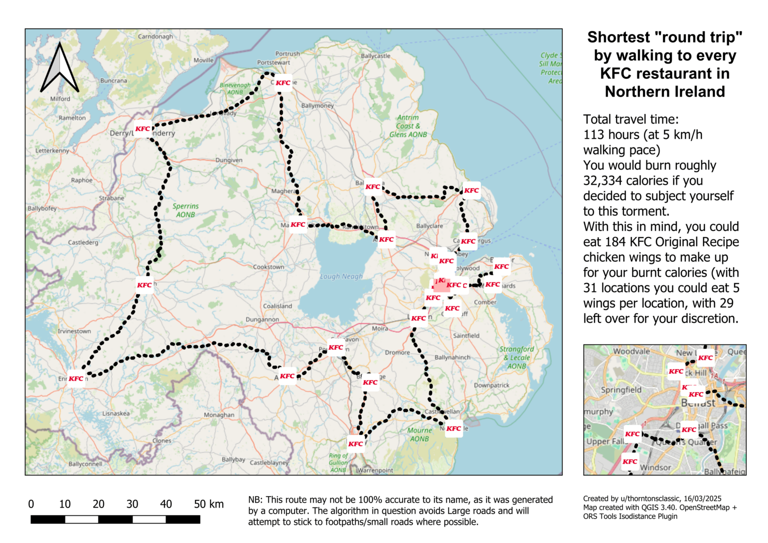 Shortest "round trip" by walking to every KFC location in Northern Ireland [OC]