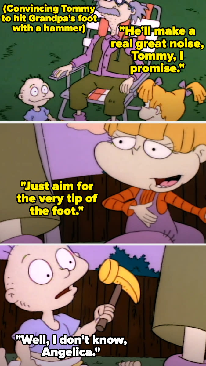 Angelica tries to persuade Tommy to hit grandpa's foot with a toy hammer