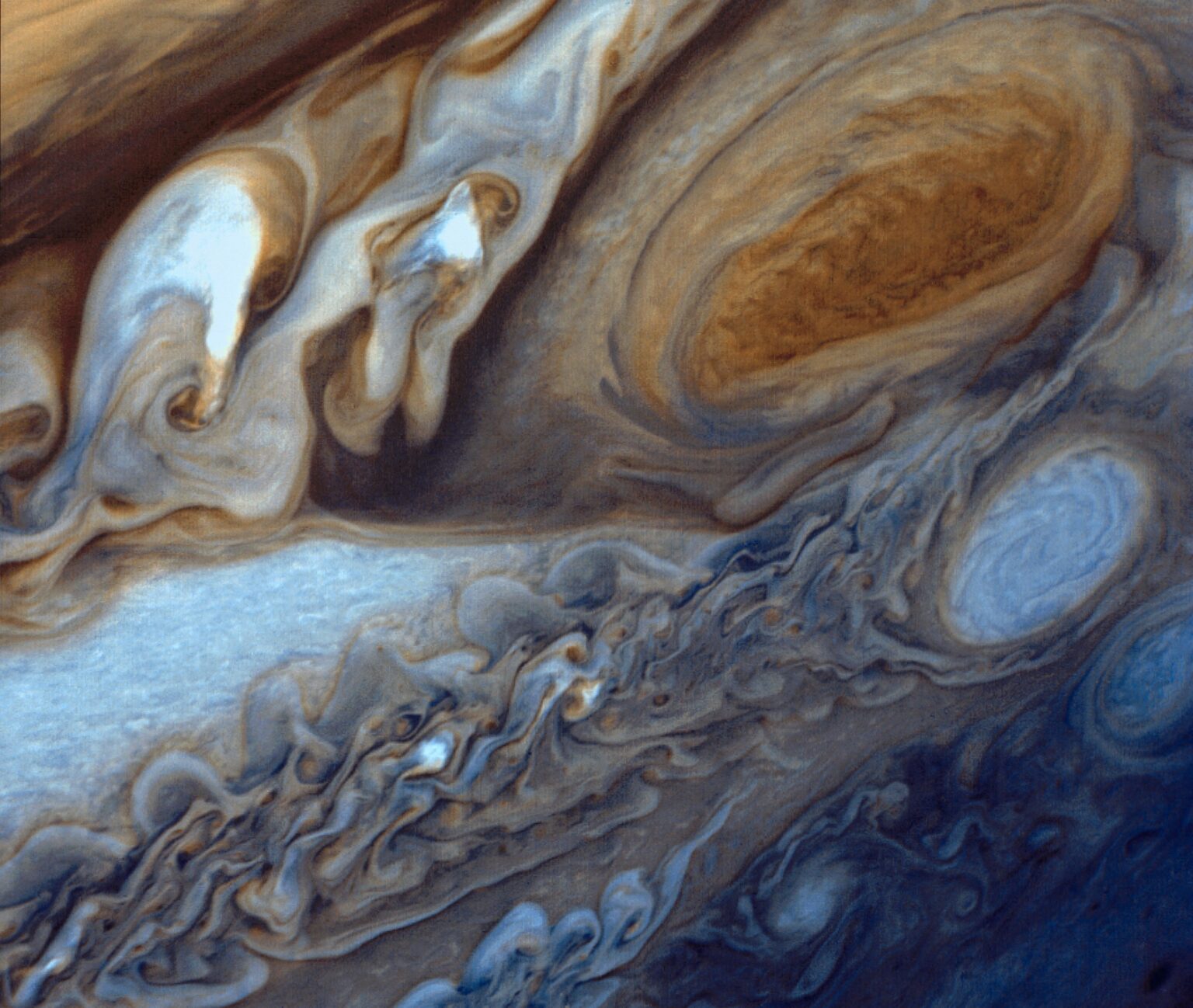 Jupiter's clouds with the Great Red Spot as imaged by Voyager 1 in March 1979.