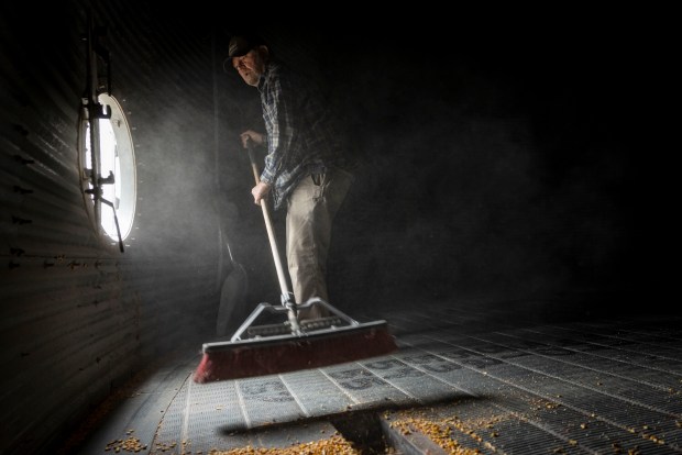 Don Roberts moves the remainder of last year's corn between grain bins while preparing for spring planting at the family farm in Minooka on March 19, 2025. Soon, the view from the farm could be obstructed by two columns of four one-story gray and windowless buildings, each with a footprint about the size of a Walmart Supercenter. (Brian Cassella/Chicago Tribune)
