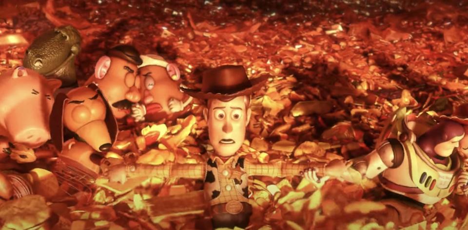 Animated characters, including Woody and Buzz Lightyear, appear in a scene filled with molten metal, expressing concern and determination