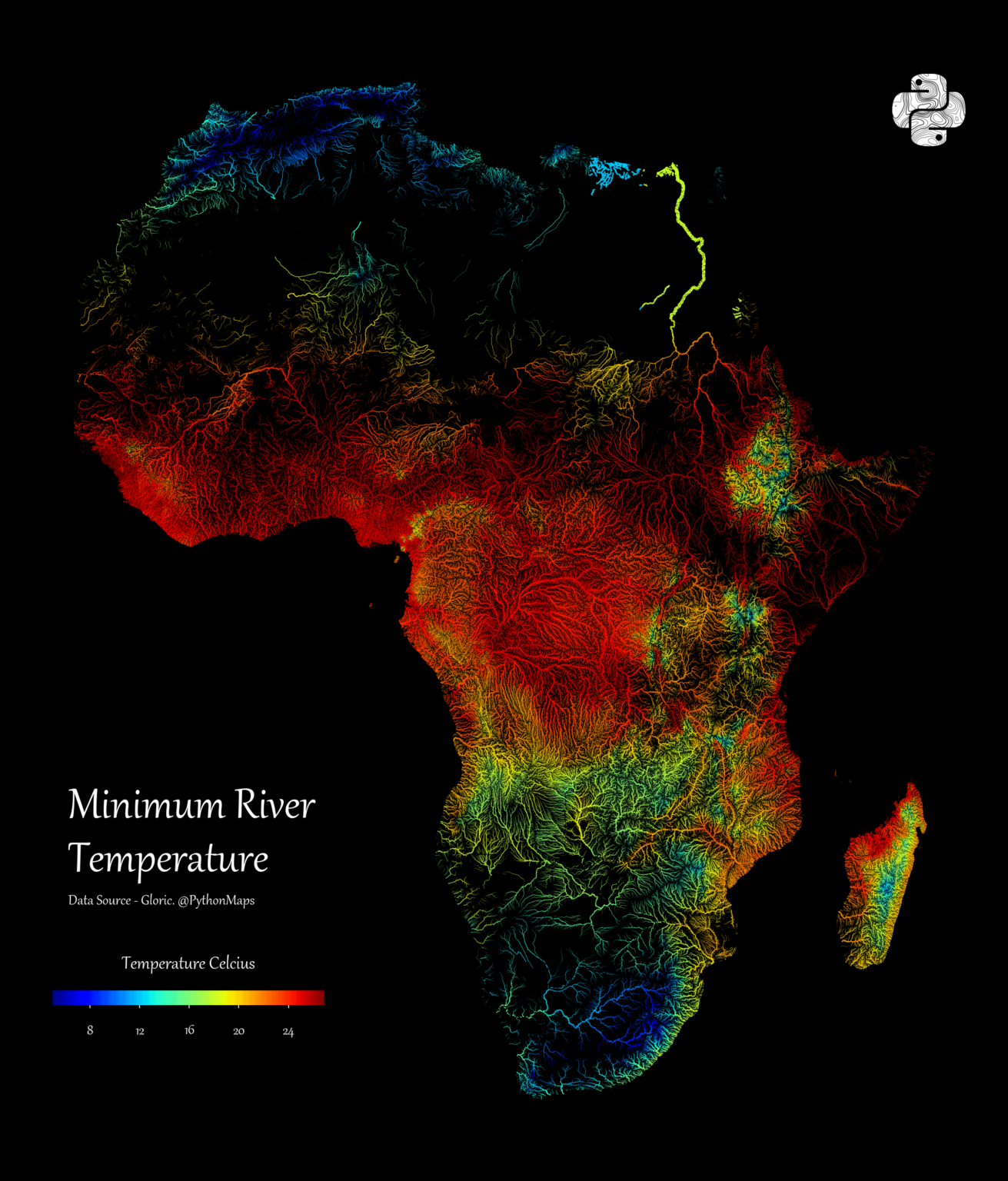 Minimum River Temperatures in Africa [OC]