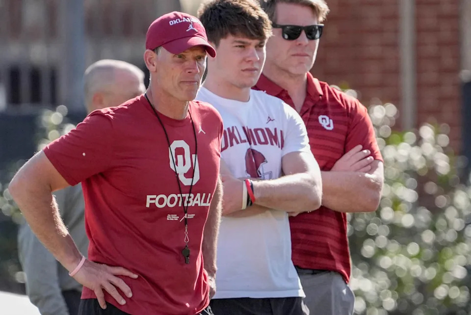 Oklahoma head coach Brent Venables walks on the field during an Oklahoma (OU) football practice at the Gaylord Family Oklahoma Memorial Stadium in Norman, Okla., on Tuesday, March 25, 2025.